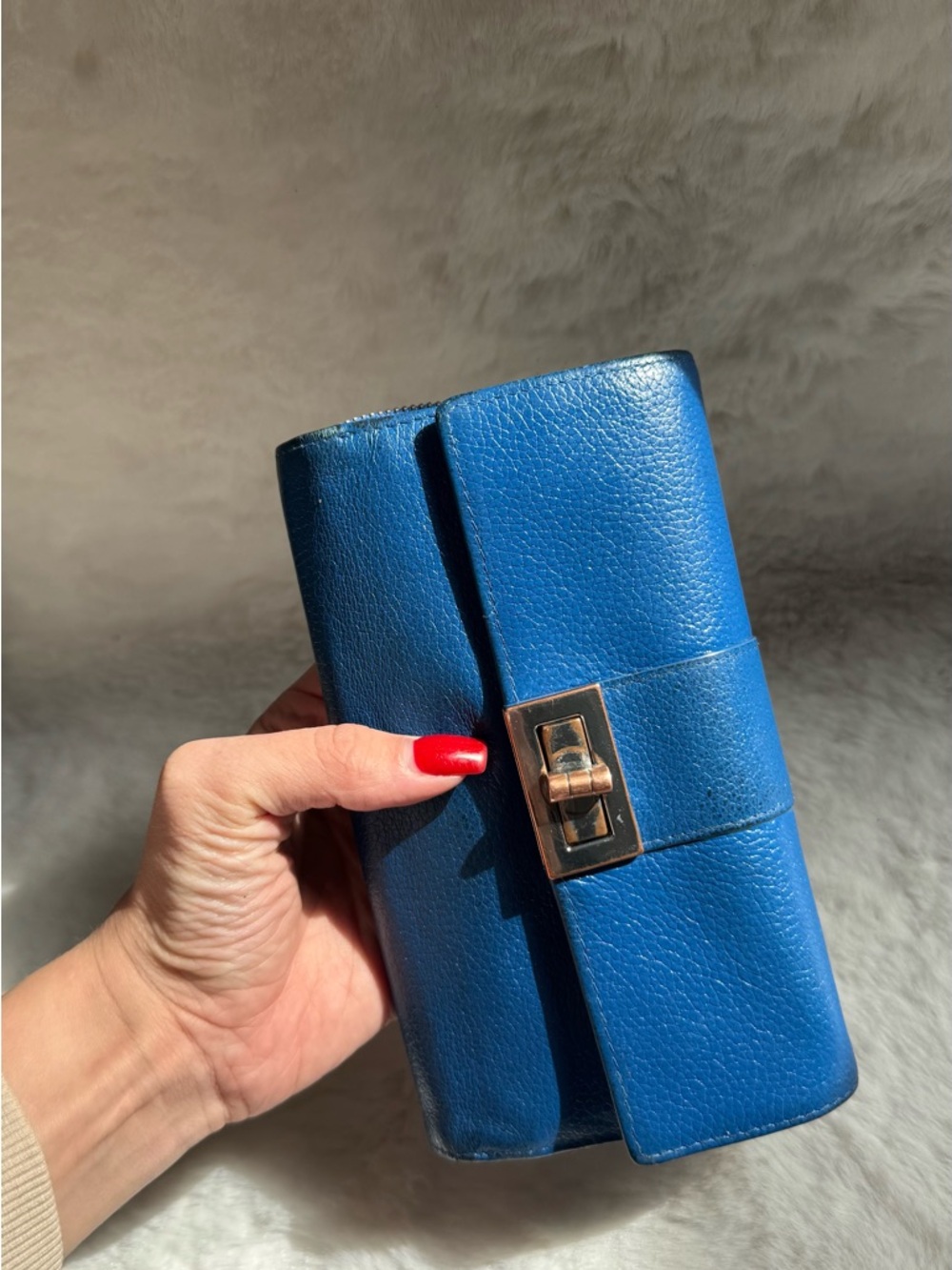 Danier Blue Pebbled Leather Wallet with Gold Turn-Lock